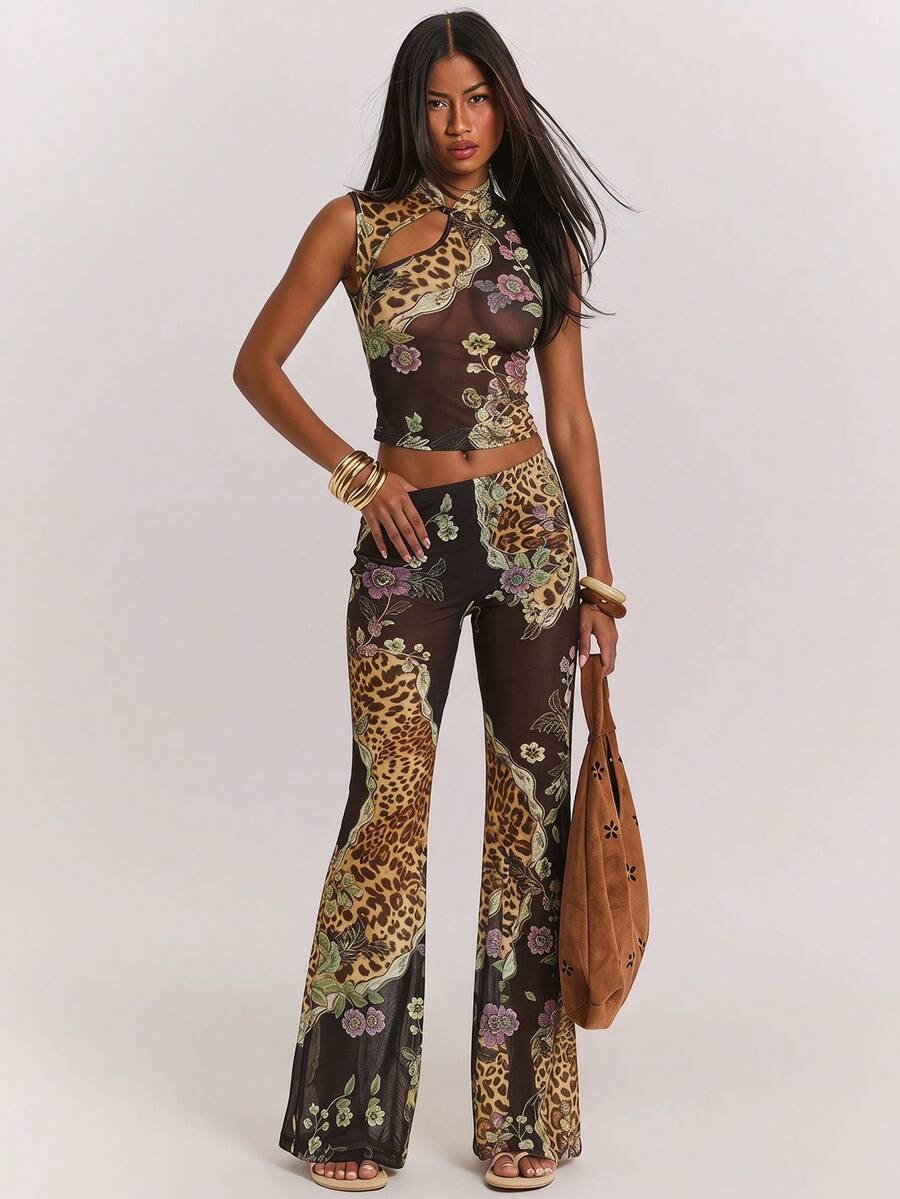 SHEIN BAE Solid Color & Floral Animal Print Elastic Mesh Sheer Sleeveless Slim Fit Top, Cute For Valentine's Day Party & Night Out, Spring/Summer,Summer - Brown - View 1