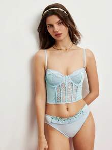 Elorette Solid Color Lace Patchwork Sheer Spaghetti Strap Sexy Camisole Bra - Baby Blue - View 5