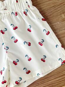 SHEIN 女童針織櫻桃刺繡純色無袖掛脖背心 + 梭織印花短褲 2件套，米色，KIDS - 米色 - 查看 6