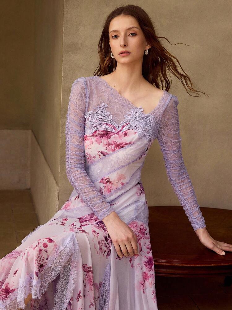 WOMEN'S ASYMMETRIC HEM ROMANTIC LONG DRESS WITH WAIST CINCHING, SUITABLE FOR SPRING AND SUMMER