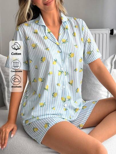 SHEIN Women's Lemon Print Striped Pajama Set Button Up Short Sleeve Shirt & Shorts Summer Sleepwear