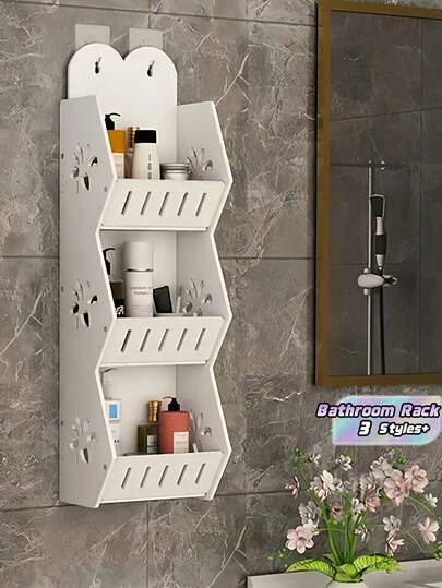 1 pieza Estantería de baño montada en la pared con ganchos, hecha de material plástico blanco. Una estantería de almacenamiento multifuncional montada en la pared del baño, resistente a la humedad, de gran capacidad para artículos de tocador, organizador de baño de varios niveles y sin perforaciones. Adecuado para almacenar artículos de tocador, cosméticos y cepillos de dientes.