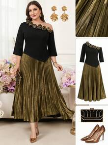 Gownix Plus Size Women's Elegant Formal Gym Brown Autumn Dress,Floral Decor Asymmetrical Patchwork Pleated Luxury Evening Party Wedding Guest Outfits - Multicolor - View 2