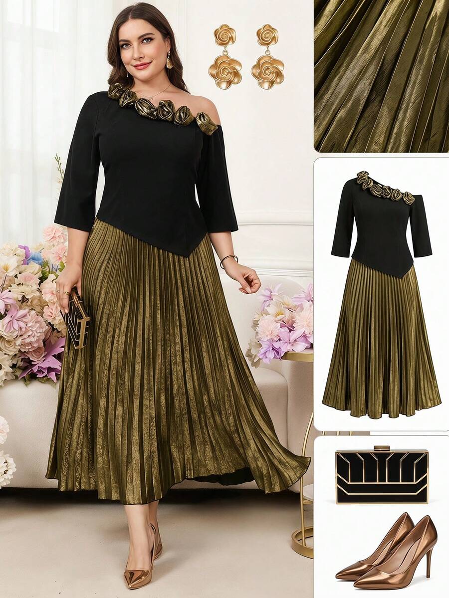 Gownix Plus Size Women's Elegant Formal Gym Brown Autumn Dress,Floral Decor Asymmetrical Patchwork Pleated Luxury Evening Party Wedding Guest Outfits