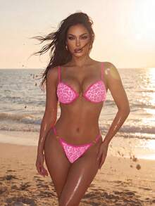 Swim SXY Bộ bikini hai mảnh gợi cảm dành cho nữ, kiểu tam giác nhỏ, xếp ly bên hông, dây đeo kim loại, thích hợp cho kỳ nghỉ biển. - Hồng - Xem 2