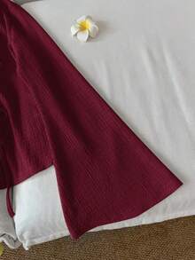 SHEIN CURVE+ 大码女式休闲系带喇叭袖上衣 - 酒紅色 - 查看 8