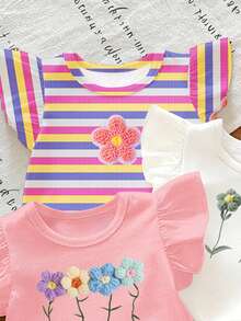 SHEIN 波希米亞碎花、溫柔紫色條紋、3D蝴蝶結圖案，年輕女孩休閒簡約百搭圓領短袖T恤 1件，適合春季 - 彩色 - 查看 4