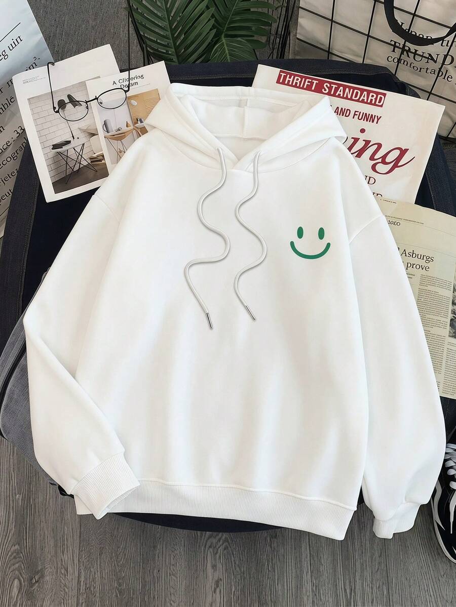 SHEIN EZwear Áo nỉ nữ dáng rộng, dày dặn, in họa tiết tối giản, tay dài, có mũ, chất liệu dày dặn, thích hợp cho nữ. - trắng - Xem 1