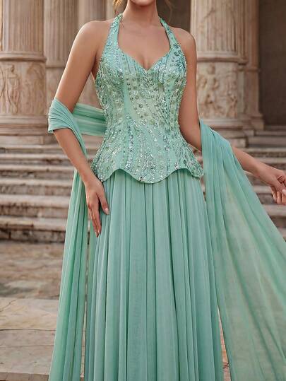 Glamrae Robe maxi élégante vert clair de luxe avec broderie 3D, perles et paillettes, col en V et taille marquée. Avec col perlé amovible. Convient pour les rendez-vous, les vacances, les soirées célibataires, les mariages et les occasions formelles.