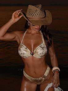 Swim SXY 2026 Spring/Summer New Apricot Metallic Textured Shiny Fabric Tie-Up Decorated Bikini Set, 2pcs, Slimming, Elegant, Sexy, Casual Beach/Pool Party/Music Festival/Date Outfit - Apricot - View 6