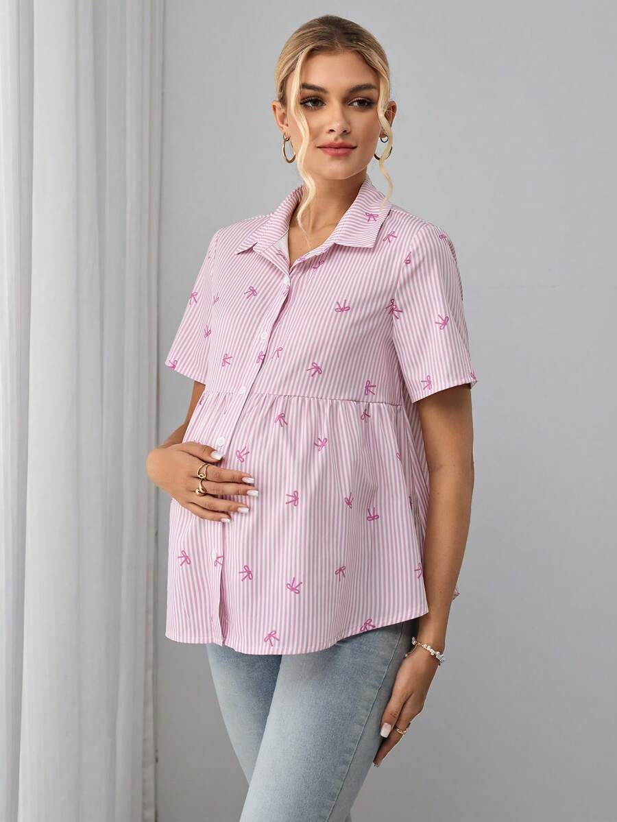 Momance Áo cho con bú tay ngắn, cổ bẻ, cài nút phía trước, in kỹ thuật số. - Hồng - Xem 1