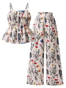 SHEIN Sparklyn 两件套女童碎花吊带背心和直筒裤，夏季度假风套装，适合休闲、度假和日常穿着。 - 杏色 - 查看 6
