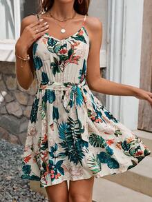 SHEIN Frenchy 夏季女式热带印花束带波西米亚风吊带连衣裙 - 彩色 - 查看 4