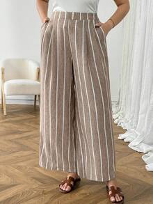 SHEIN LUNE Quần ống rộng kẻ sọc cỡ lớn kiểu dáng thường ngày - Màu Khaki - Xem 7