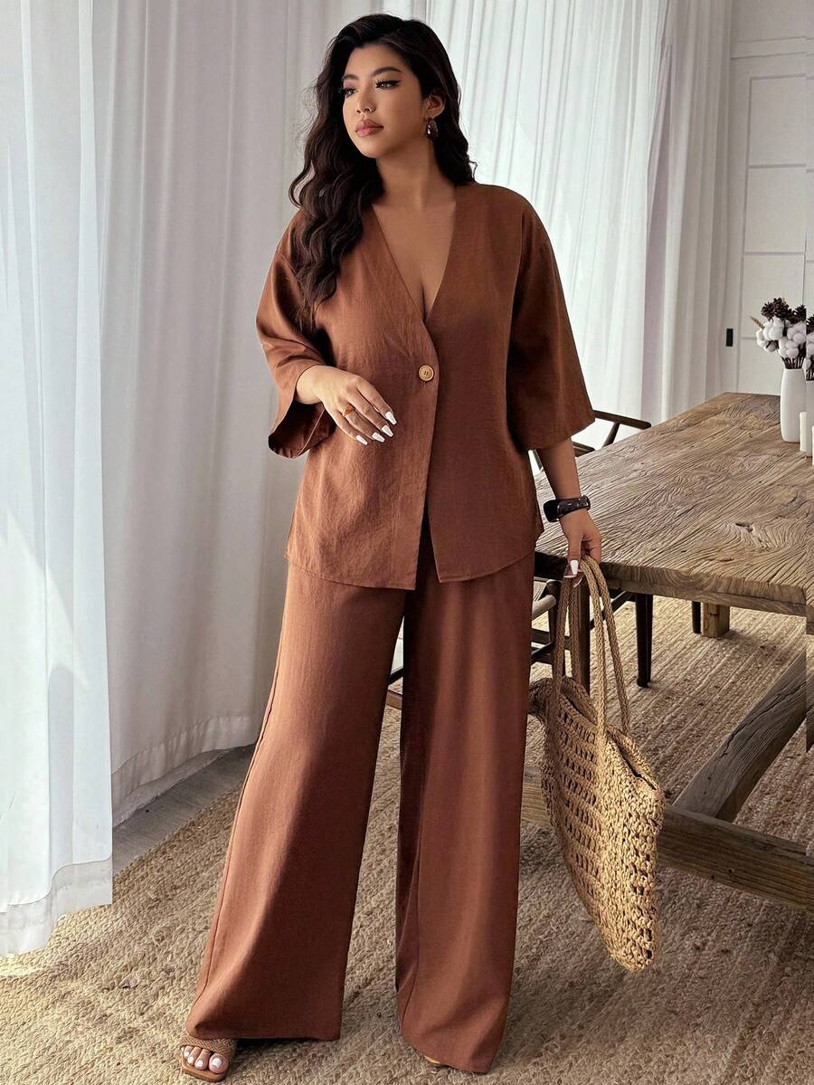 Parysyn Plus Size Casual Commuter Solid Color Shirt And Pants 2 Pieces Set - Brown - View 1