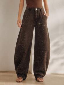 Anewsta Quần jeans ống rộng đính đá lấp lánh dành cho nữ - màu nâu - Xem 6