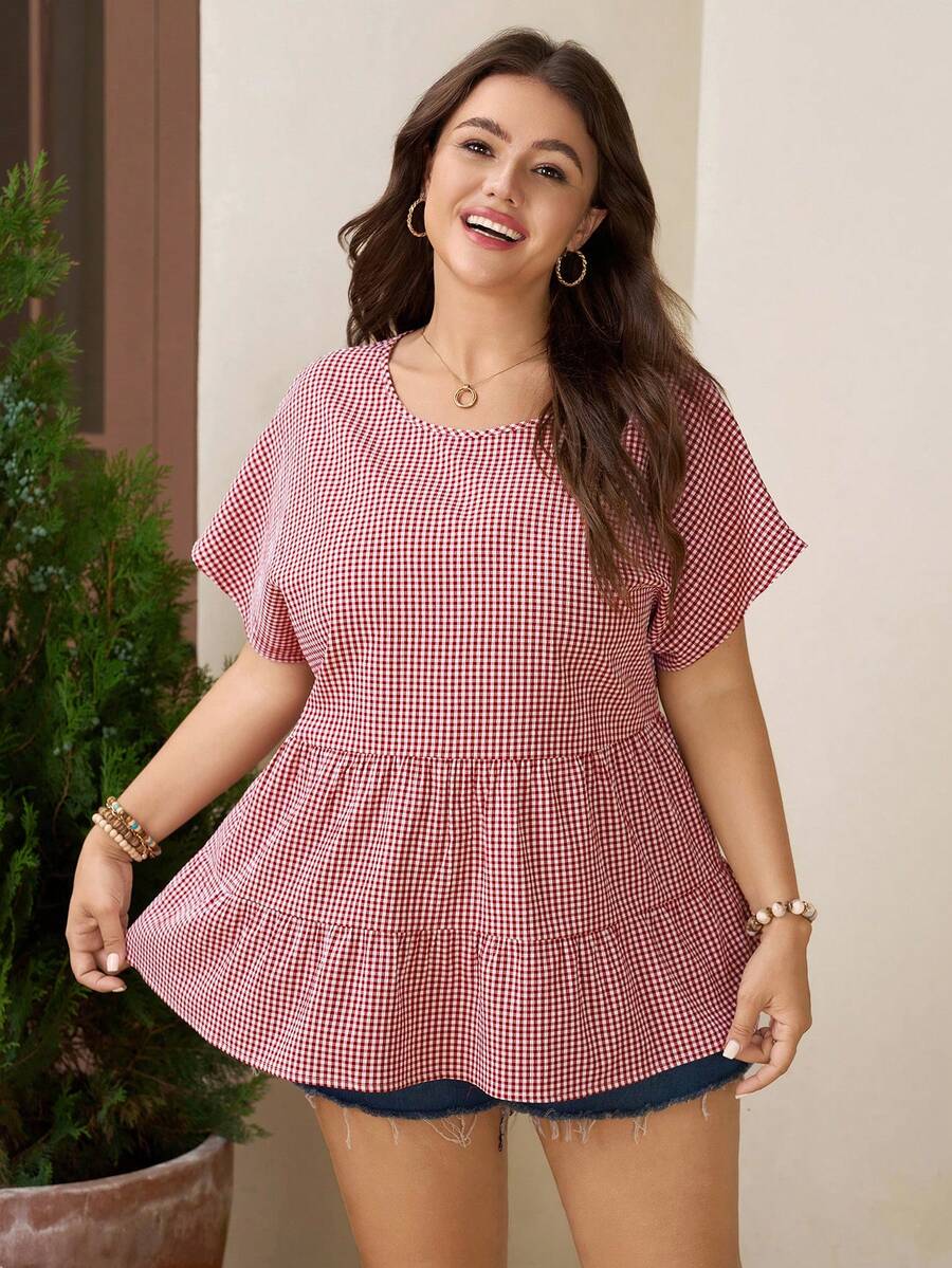 SHEIN LUNE 大码女式圆领格子褶皱休闲百搭日常衬衫 - 彩色 - 查看 1