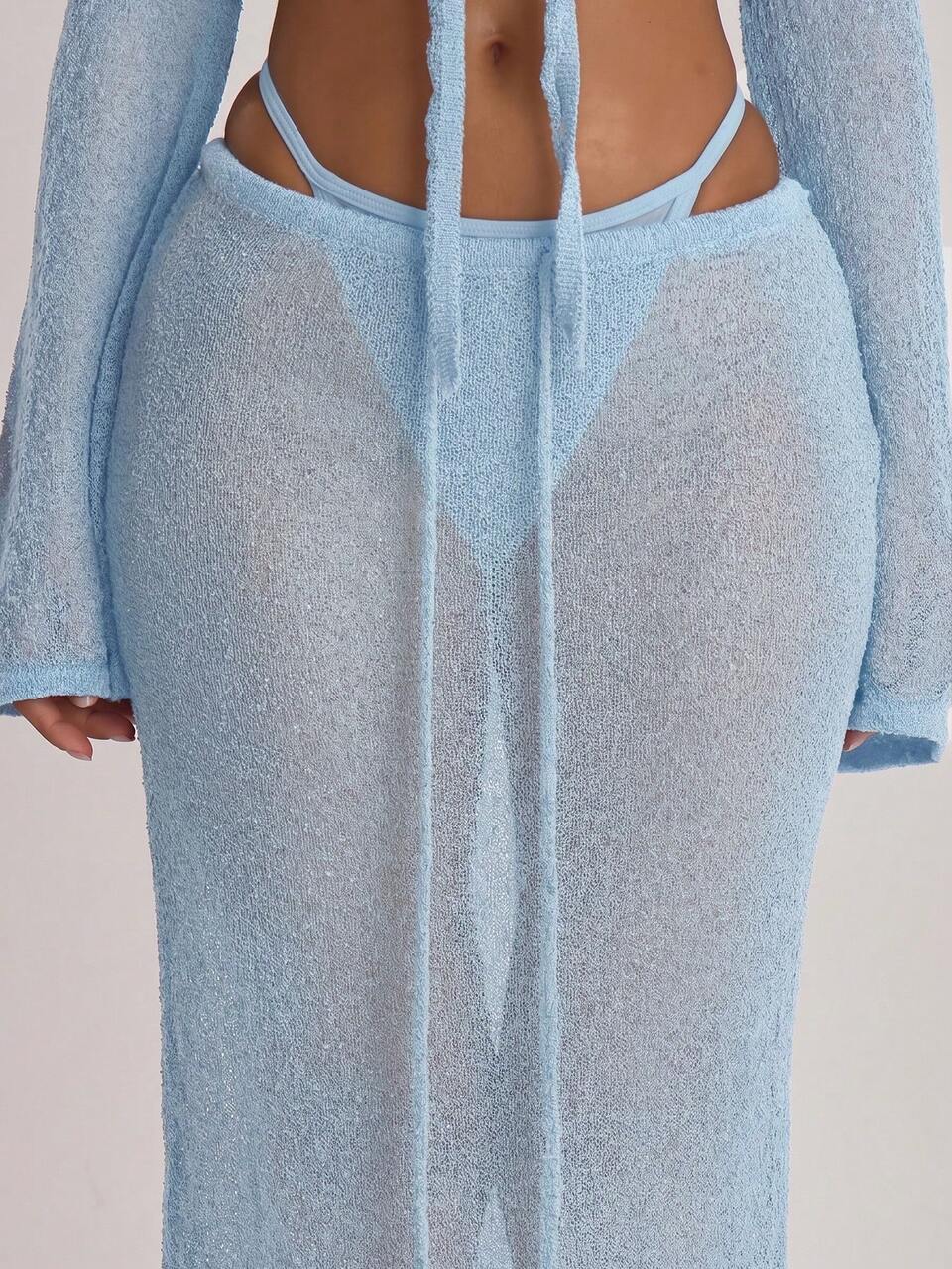Jupe Maxi en Maille Bleue com Nœud à l'Avant
