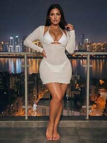 Swim SXY Plus Size Solid Color Round Neck Cover-Up Dress (Swimsuit Set Not Included) - White - View 4