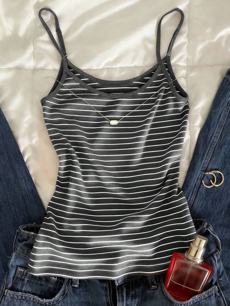 SHEIN Women's Casual Striped Print Camisole Tank Top, Suitable For Daily Commute And Vacation, Summer - Dark Grey - View 1
