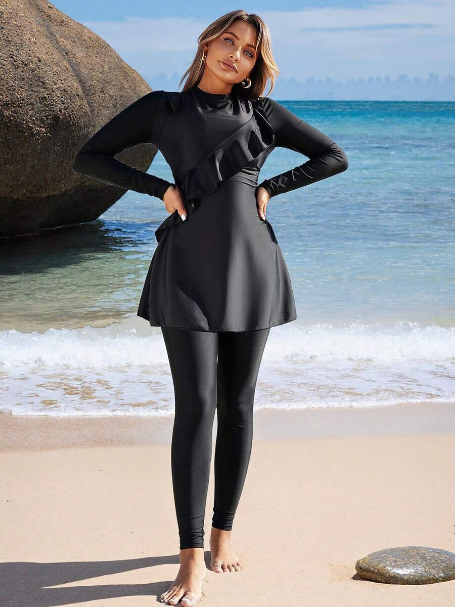 Swim Mulvari Sommerstrand Mono Tankini-sæt med flæseprint, lange ærmer, helkrops badedragt, leggings og hat i 3 dele