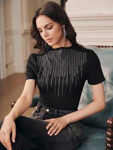 Anewsta Blusas de Verão Femininas, Camiseta Preta Ajustada com Colarinho e Design de Strass de Luxo Moderno, Adequada para Ir ao Trabalho, Uso Diário e Passeios - Preto - Visão 6