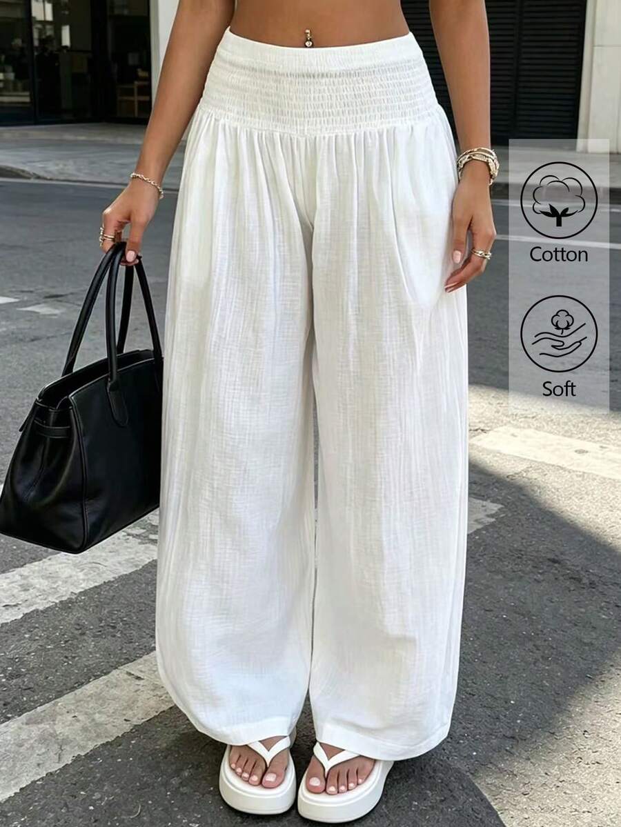 Sunnyshic Plus Size Women Casual Vacation Simple Solid Color High Waist Loose Wide Leg Pants Fall - White - View 1