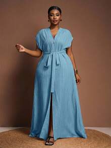 Veslaya Plus Size Women's Summer Versatile Casual All-Match Beach Elegant Ruffle Tie Front Short Sleeve Dress - Baby Blue - View 4