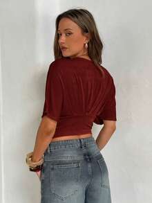 Aloruh Apricot Deep V Ruched Short Sleeve Tight Fitted Women T-Shirt,Summer Top - Burgundy - View 2