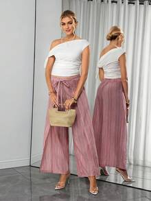 SHEIN 孕妇时尚优雅条纹孕妇裤 - 淺粉色 - 查看 3