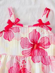 SHEIN Genkimix Kids 女童花卉印花A字裙配蝴蝶結裝飾，甜美仙女公主休閒套裝，適合日常穿著、度假、7歲生日、嬰兒洗禮，白色夏季款 - 彩色 - 查看 5