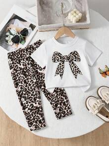 SHEIN Playful Pals 女婴可爱蝴蝶结印花白色圆领短袖上衣搭配舒适豹纹休闲裤，T恤套装，春夏款 - 白色 - 查看 4