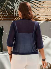 EMERY ROSE Abrigo tropical elegante y casual de unicolor y transparente para mujer de talla grande, primavera/verano, vacaciones en la playa, vacaciones, festival, concierto de música country - Azul Marino - Ver 2