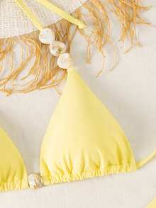 Swim Mod Bộ bikini 3 mảnh màu vàng gợi cảm buộc dây phía trước dành cho nữ, thích hợp cho bãi biển và kỳ nghỉ, mùa xuân/hè. - Màu vàng - Xem 4