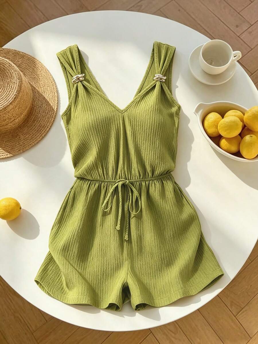 SHEIN Franclia Bộ áo liền quần nữ màu xanh bơ với khóa kim loại, chất liệu vải jacquard, có họa tiết. - màu xanh lá - Xem 1