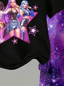 两件套少女时尚女团星形字母印花短袖上衣和渐变星形印花口袋工装裤套装，适合夏季外出穿着 - 彩色 - 查看 6