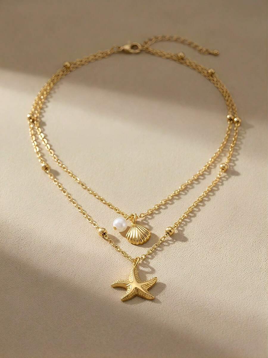 Arave 1pc Casual Ins 2025 New 18K Gold Stainless Steel High Protection Double Layer Shell & Starfish Pendant Necklace, Suitable For Women, Beach And Resort Wear, Waterproof Jewelry Accessory Gift, USA - No Gift Box Included