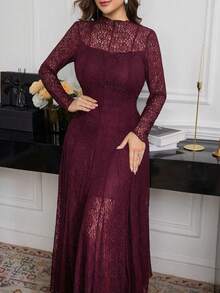 Modelyn Elegant High-End Black Lace Flowy Dress, Spring/Summer - Red Violet - View 6