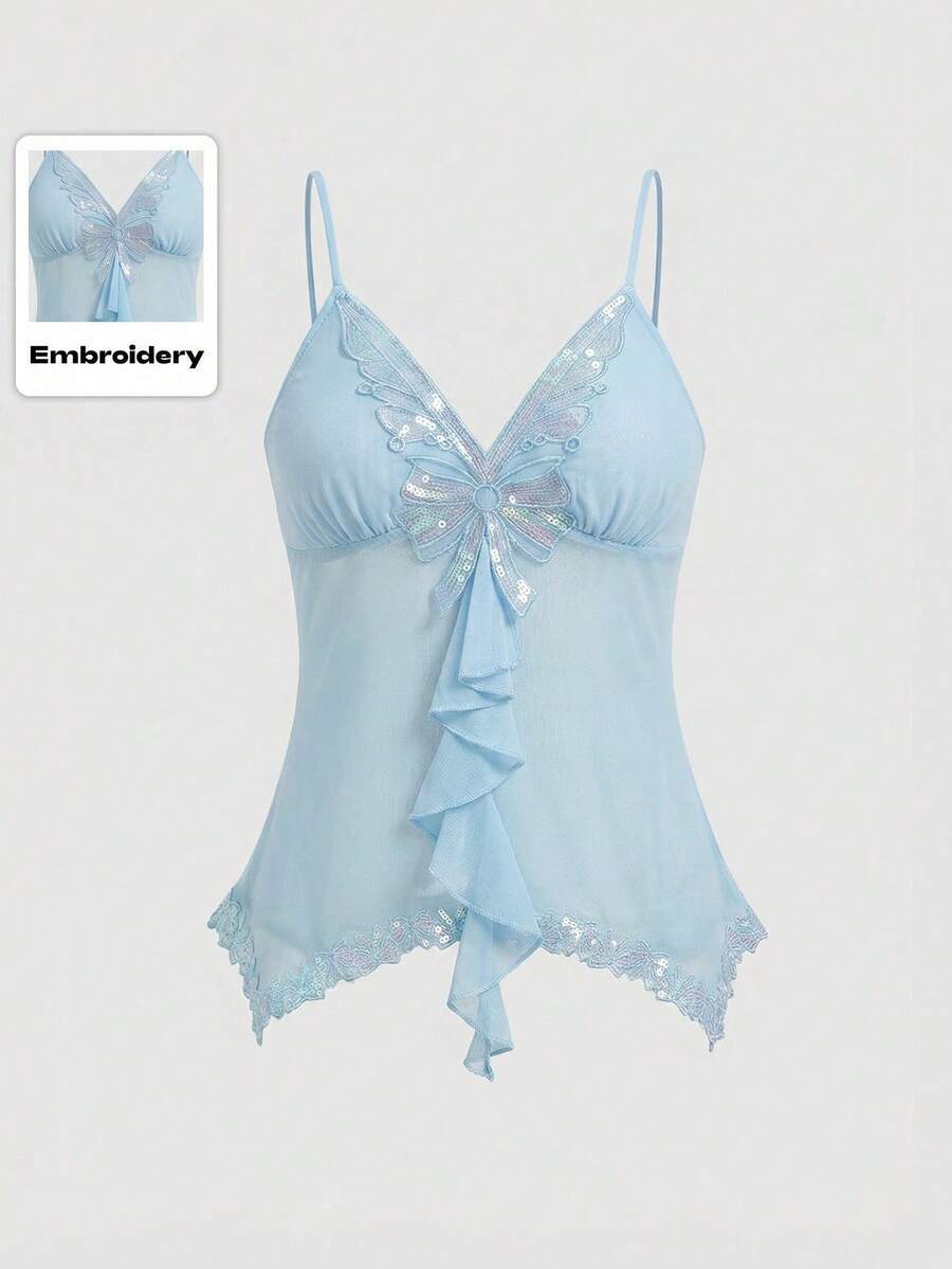 ROMWE Fairycore Women's Elegant Sequin Bow Embroidery Ruffle Strap Top, Summer - Baby Blue - View 1