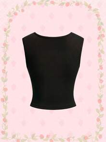 Strawberry Shortcake | ROMWE 女士卡通印花蝴蝶结装饰休闲背心 - 黑色 - 查看 2