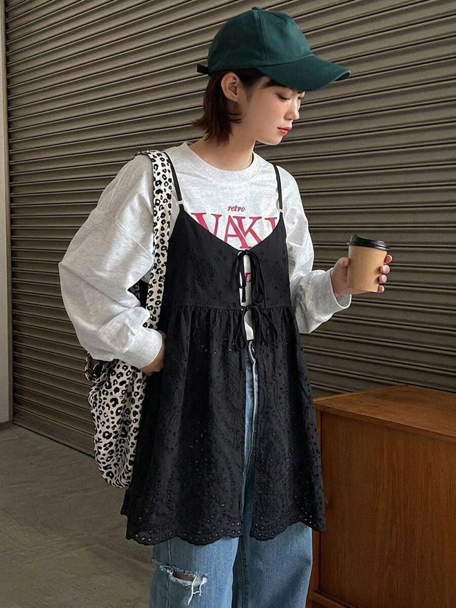 FRIFUL 女士夏季休闲纯色镂空刺绣系带吊带背心 - 黑色 - 查看 1