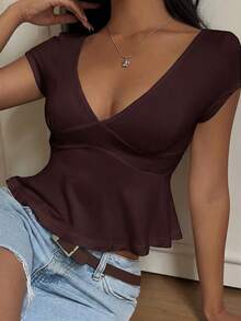 SHEIN EZwear Women's Black V-Neck Short Sleeve Casual T-Shirt, Summer - Coffee Brown - View 6