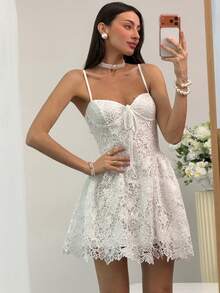 Aloruh Đầm ngắn dáng chữ A ôm sát màu trắng ren, dây mảnh, gợi cảm và thanh lịch dành cho khách dự đám cưới. - trắng - Xem 4