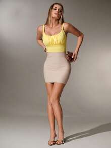 Nuvra Women's Double-Layer Ruched Bust Crop Top With Square Neck, Sleeveless Camisole Bodycon Waist Shaper - Light Yellow - View 5