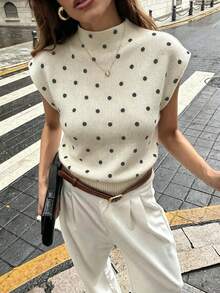 Firerie 女款優雅高領無袖針織上衣，波點圖案，夏季休閒辦公通勤，寬鬆百搭時尚，適合派對 - 白色 - 查看 6