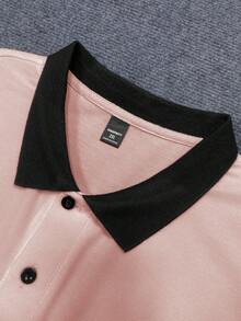 Manfinity Homme 加大码男士夏季标语印花短袖休闲Polo衫，适合办公室和日常穿着，撞色图案高尔夫球衫 - 粉色 - 查看 3