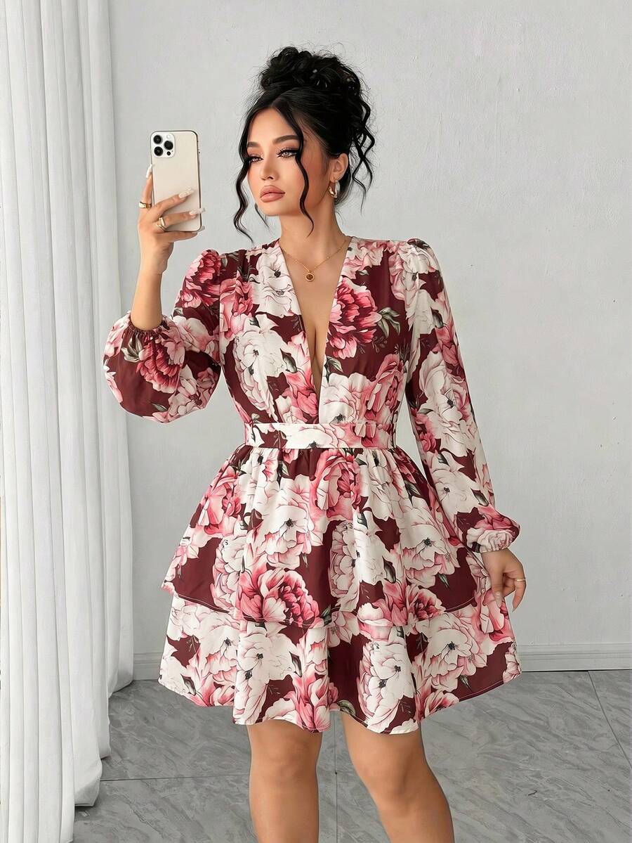 Elenzga Plus Size Women Floral V-Neck Puff Sleeve Double Ruffle Hem Dress Fall - Red - View 1