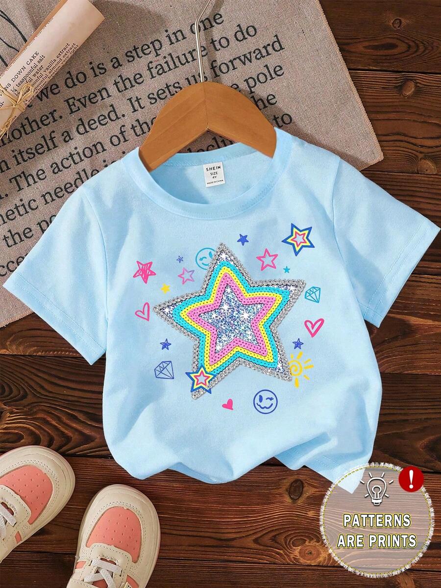 少女休闲彩色星星、脸庞、钻石、爱心、太阳图案印花基础款蓝色短袖T恤，舒适日常穿着，适合春、夏、秋季穿着。 - 紫色 - 查看 1
