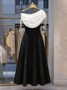 SHEIN PETITE CURVE 大码女式拼接褶皱不对称休闲派对连衣裙 - 黑與白 - 查看 1