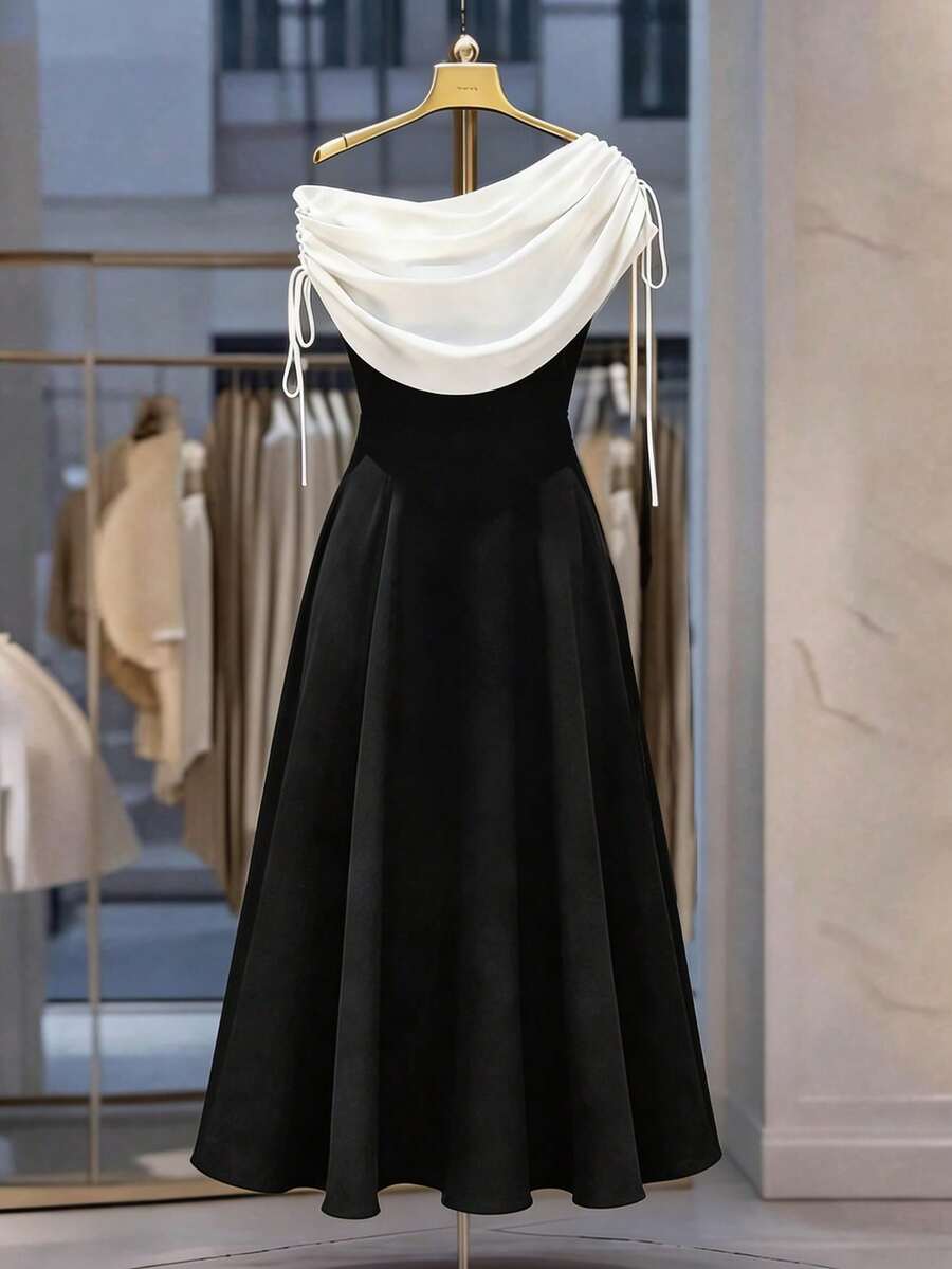 SHEIN PETITE CURVE 大码女式拼接褶皱不对称休闲派对连衣裙 - 黑與白 - 查看 1